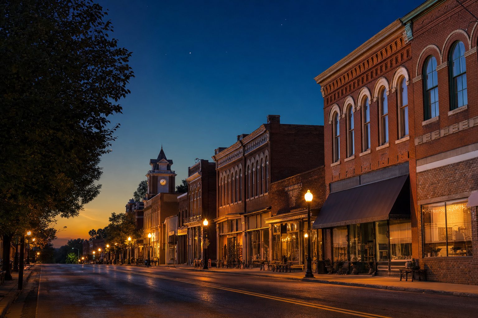 A quiet small-town main street at dusk with lit storefronts