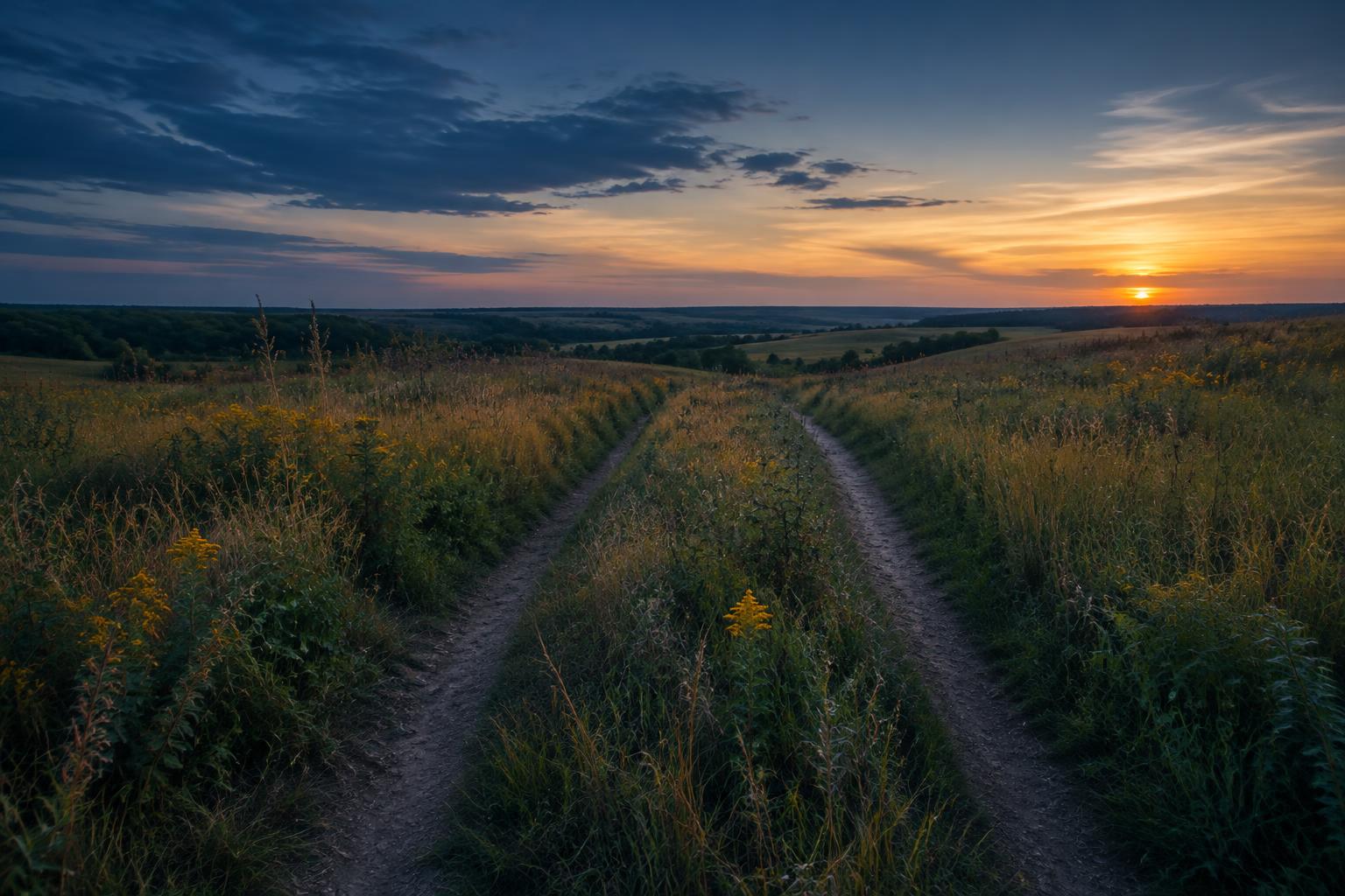 Two paths crossing a Missouri field at sunset