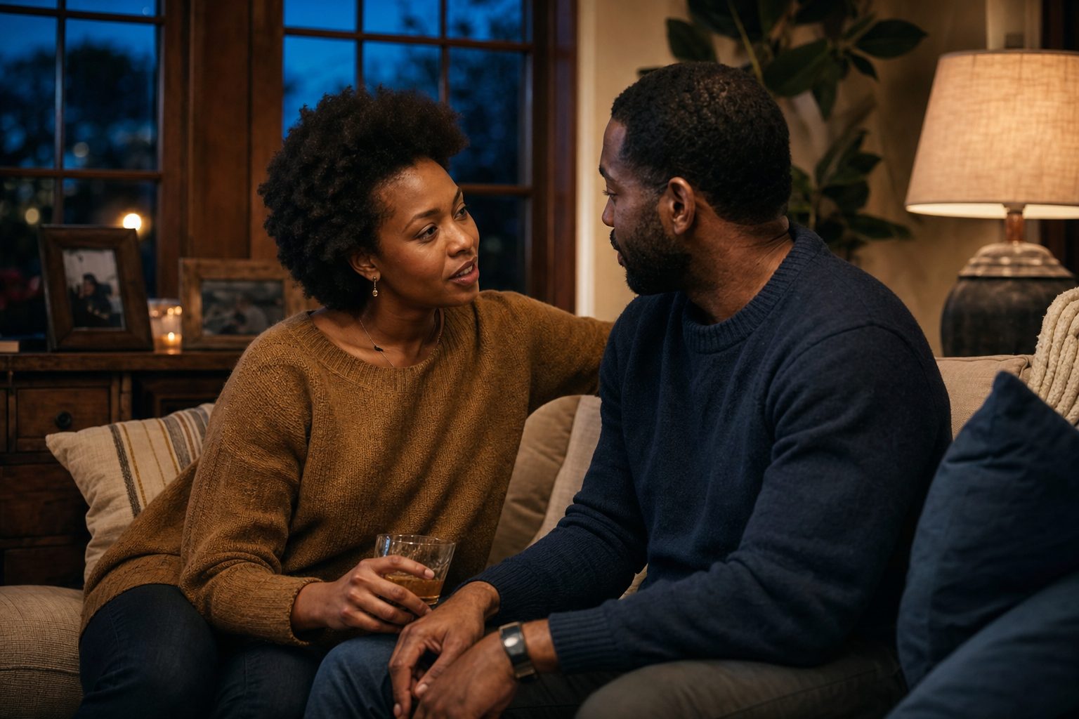 A couple talking quietly at home in the evening