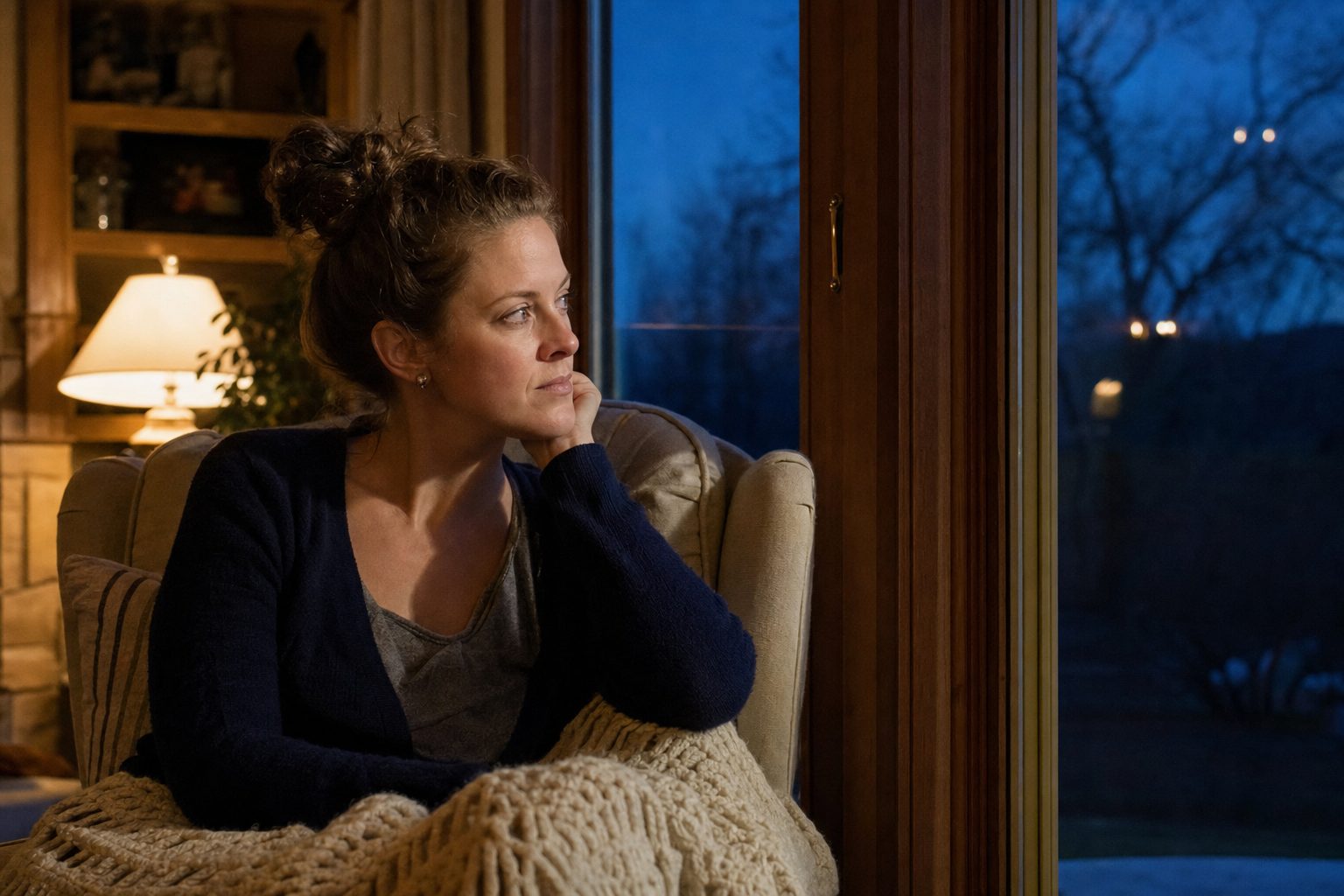 A woman resting in an armchair by a window in the evening