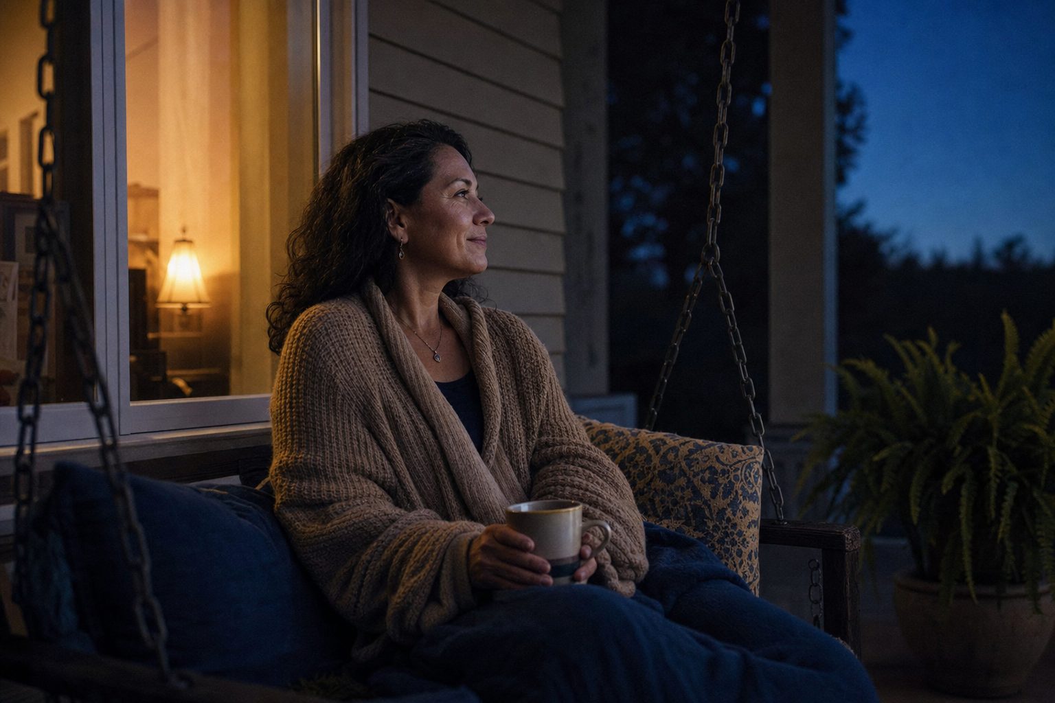 A woman resting on a porch swing at dusk