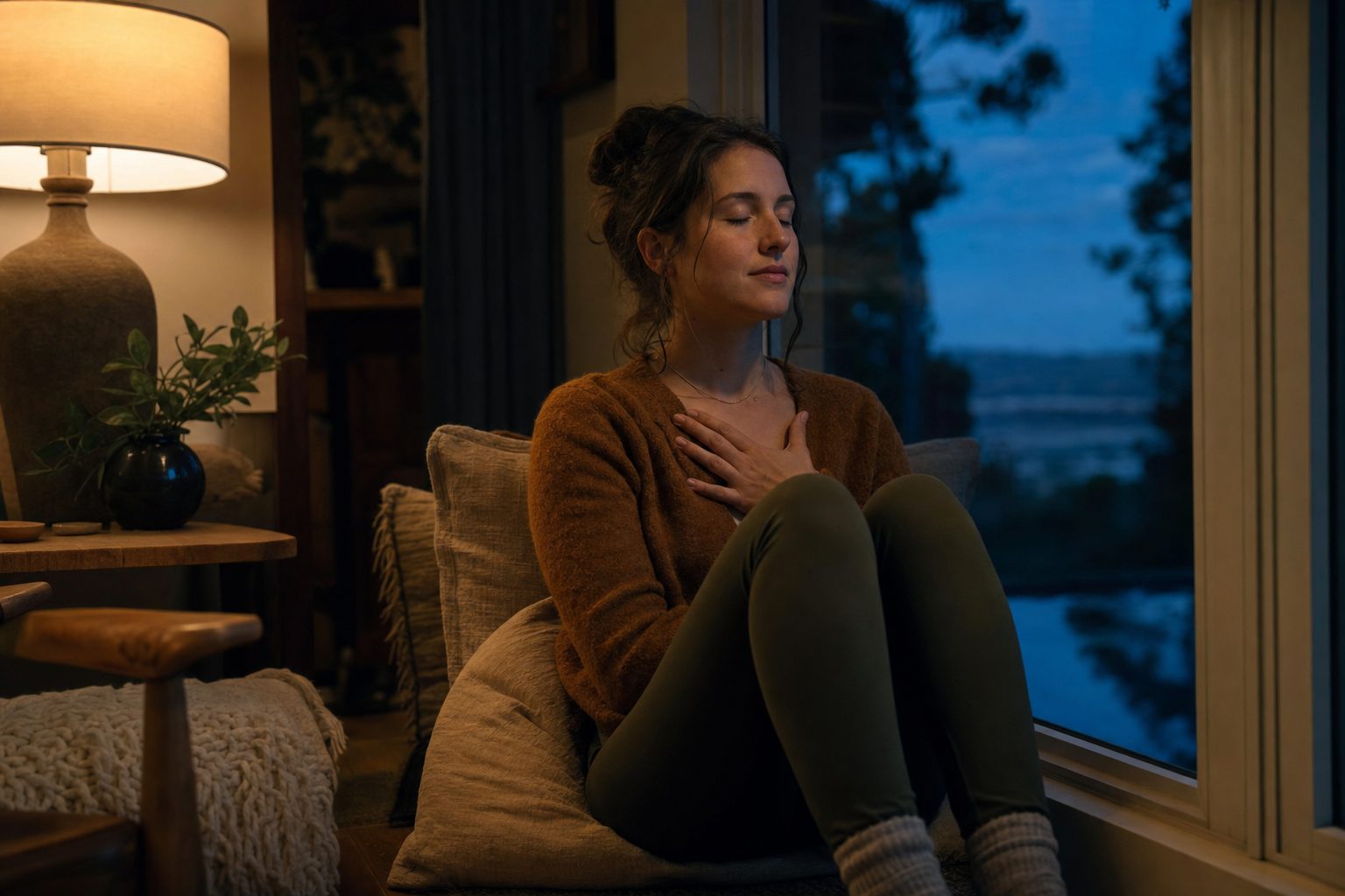 A woman sitting by a window at home with a hand resting on her chest