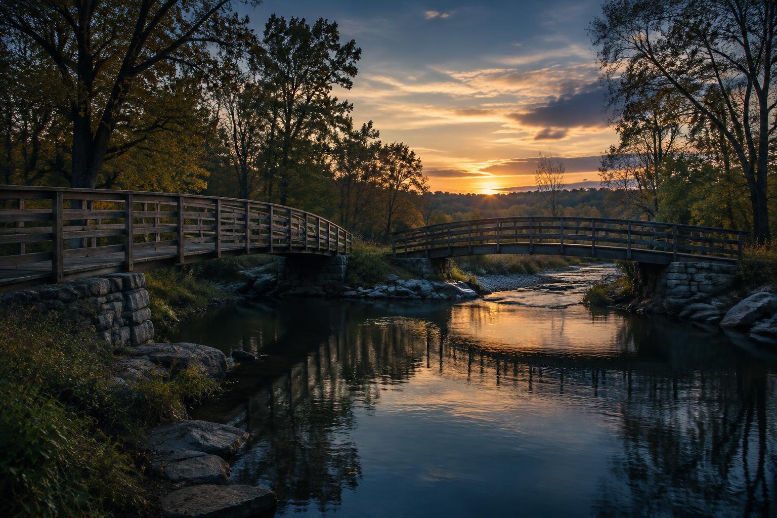 Two footbridges meeting above a Missouri creek at dusk