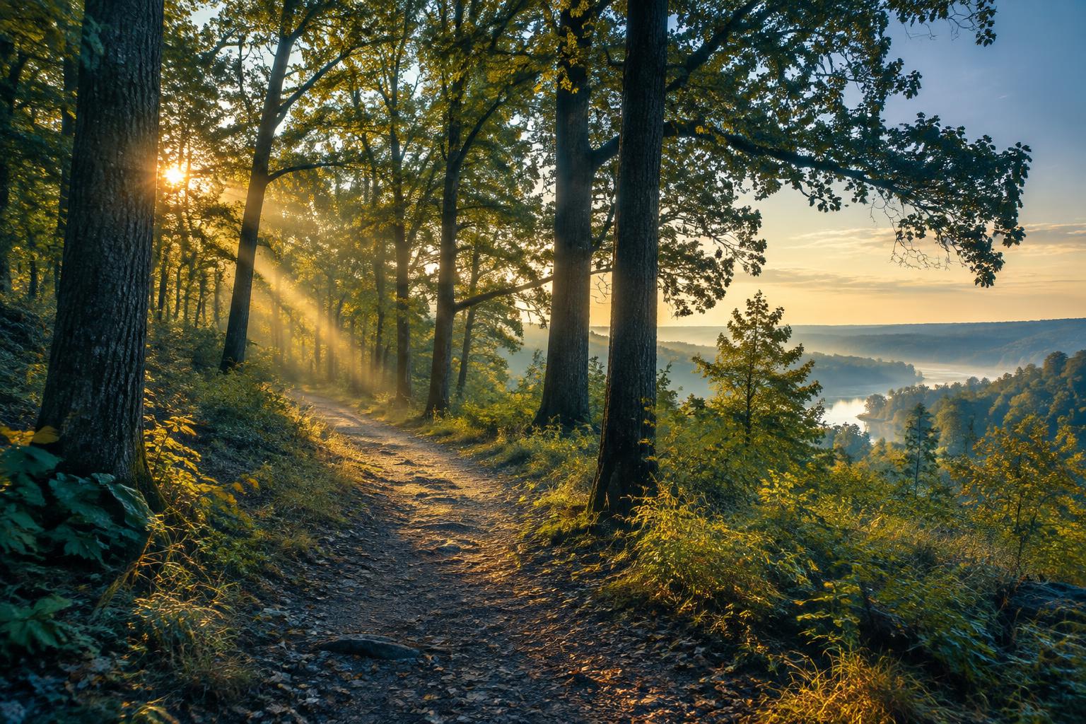 Morning light crossing a woodland path in Missouri