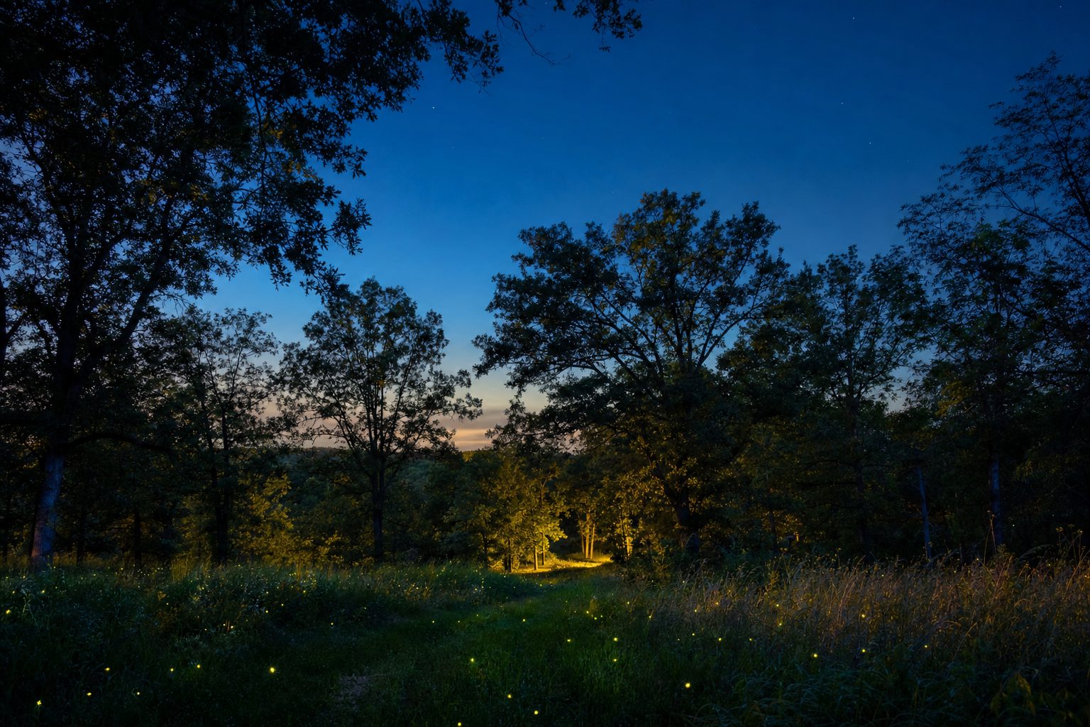 Fireflies in a woodland clearing at dusk