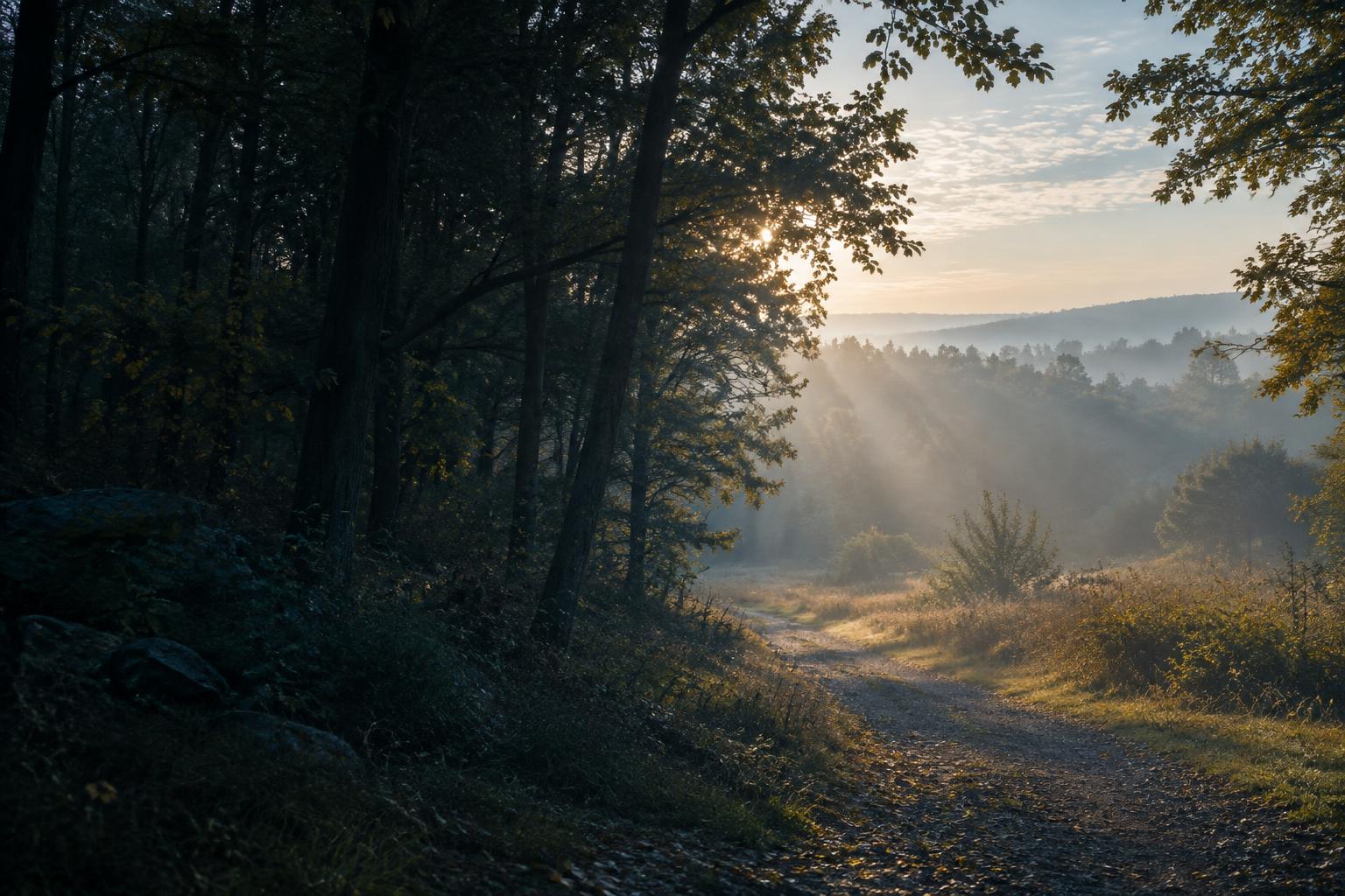 Morning light crossing a wooded path in Missouri