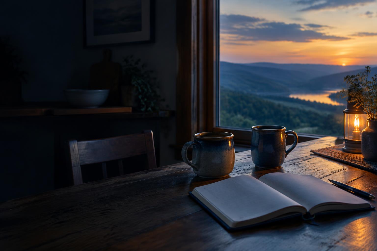 Two mugs and an open notebook on a kitchen table at dusk