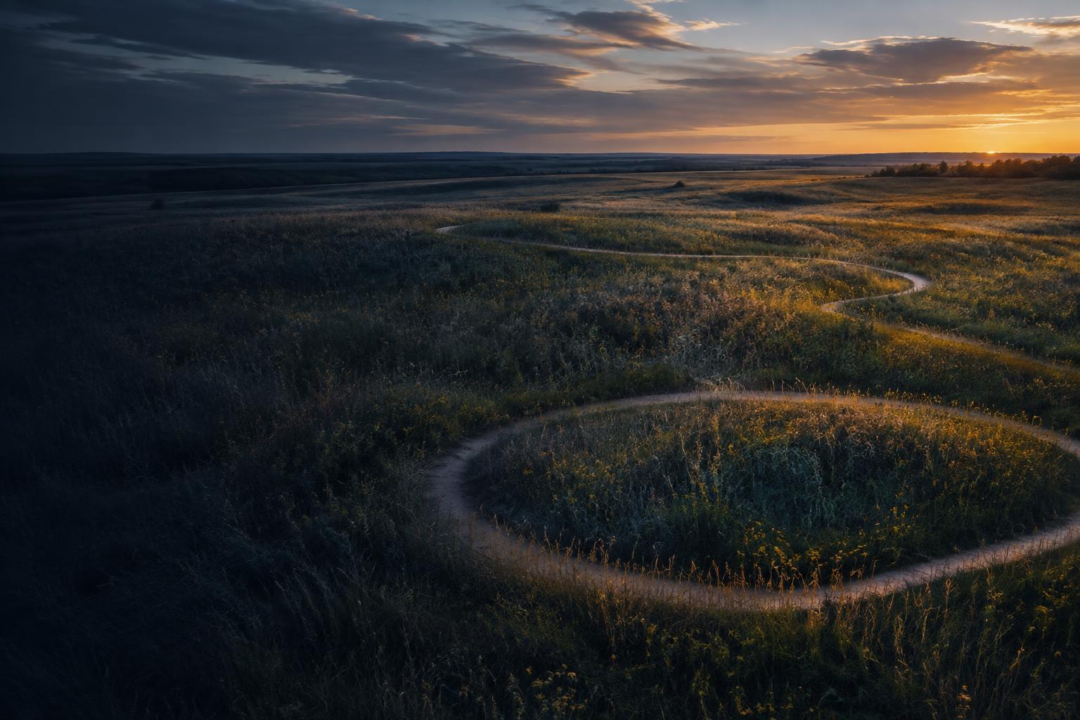 A looping path through Missouri prairie at dusk
