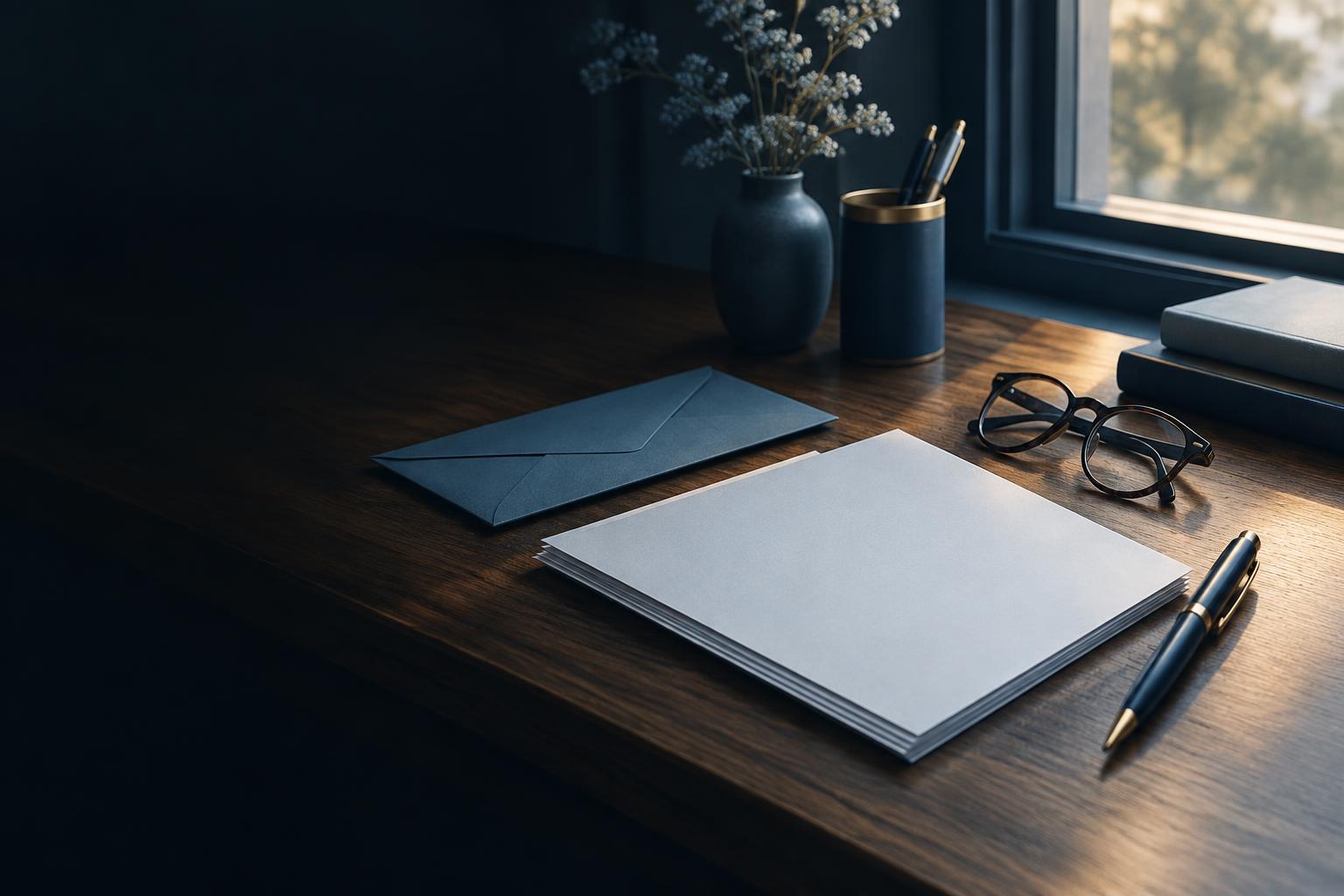 Blank paperwork and an envelope arranged on a wooden table