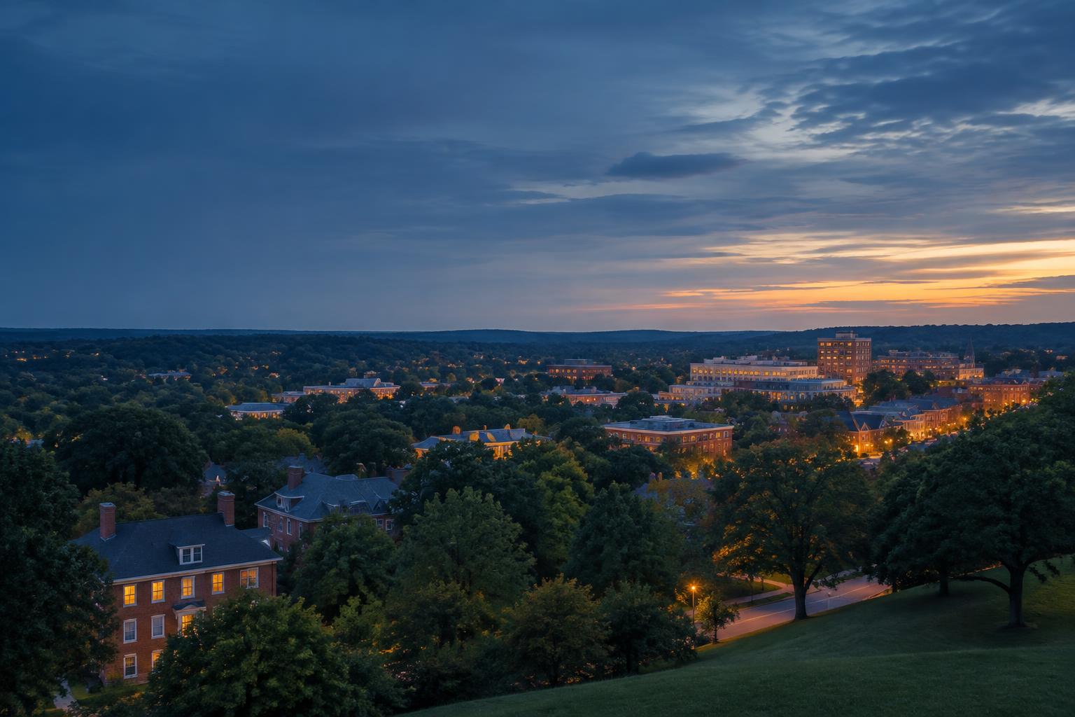 A tree-lined Missouri college town at dusk