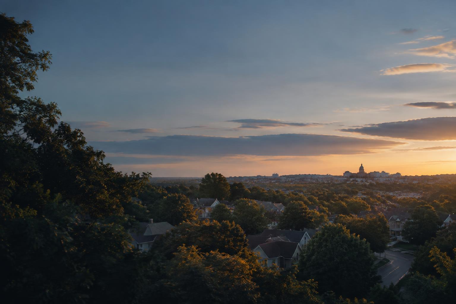 Tree-lined Independence neighborhoods at dusk