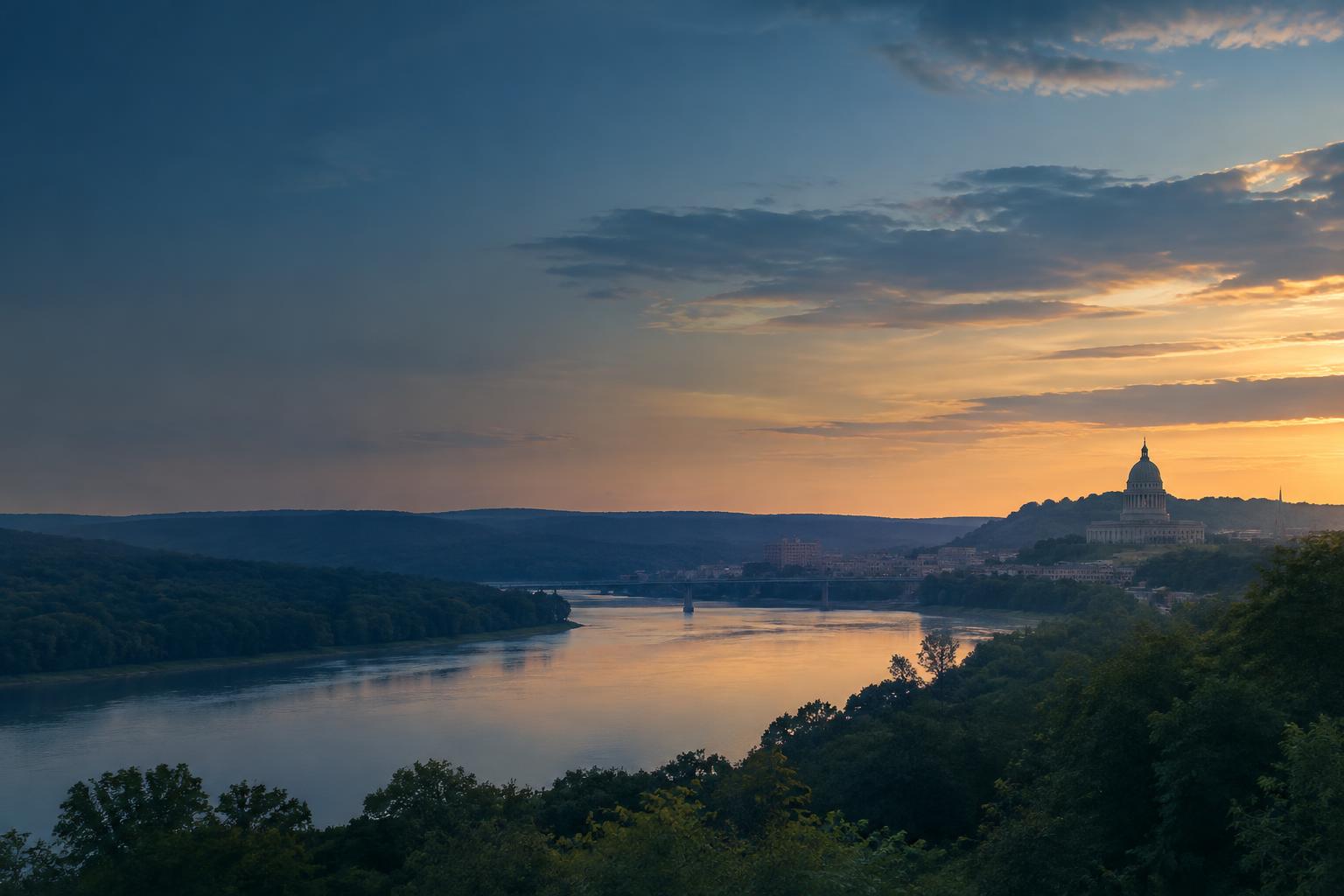 Jefferson City and the Missouri River at sunset
