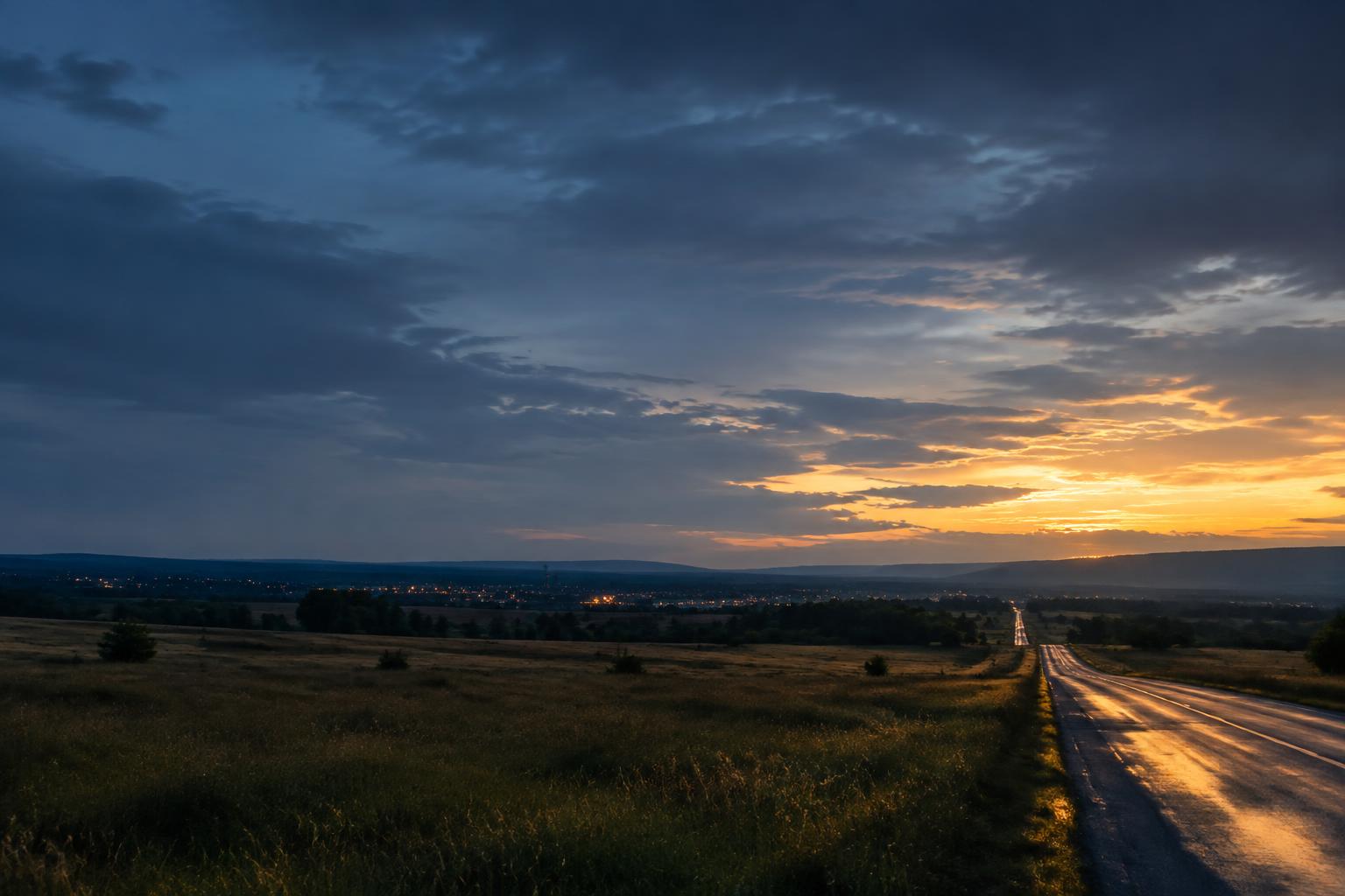 An open road crossing prairie near Joplin at dusk