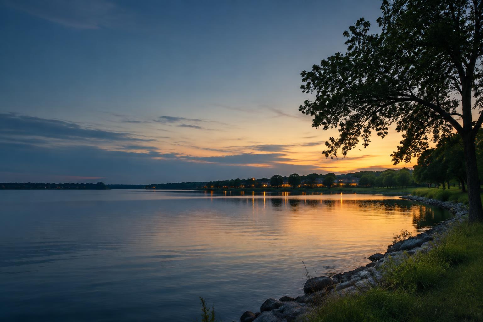 A calm lake near Lee's Summit at sunset