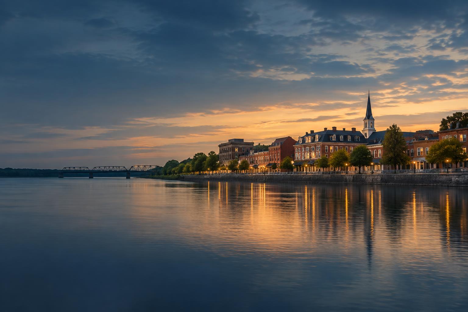 A brick riverfront district beside the Missouri River at dusk