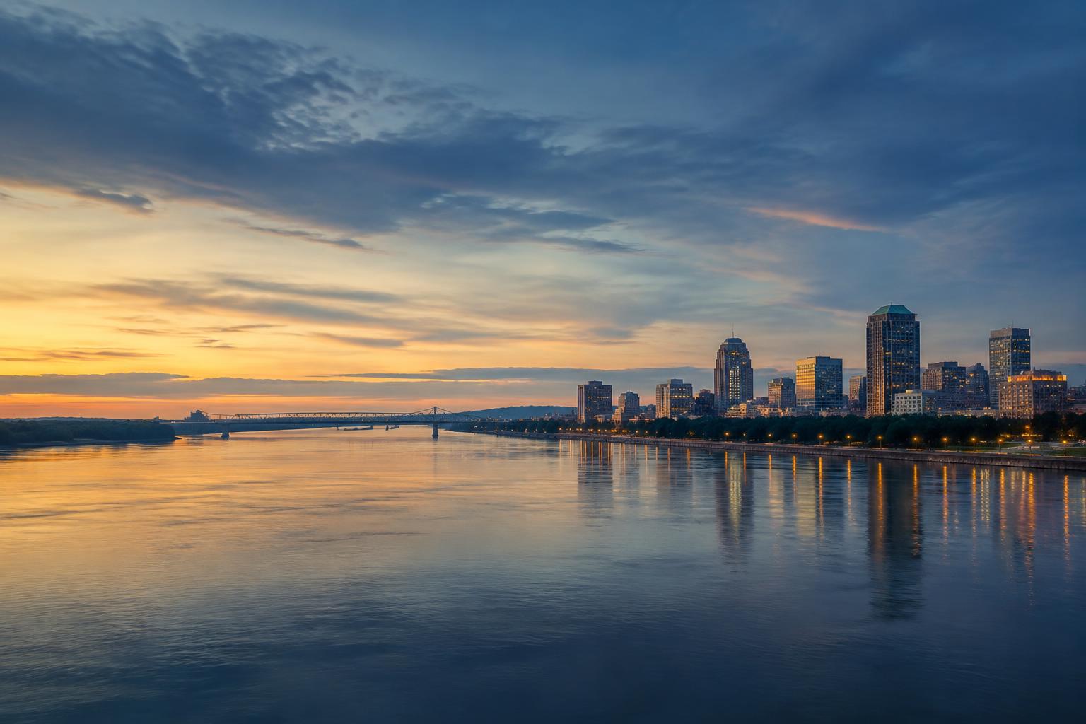 St. Louis skyline beside the Mississippi River at dusk