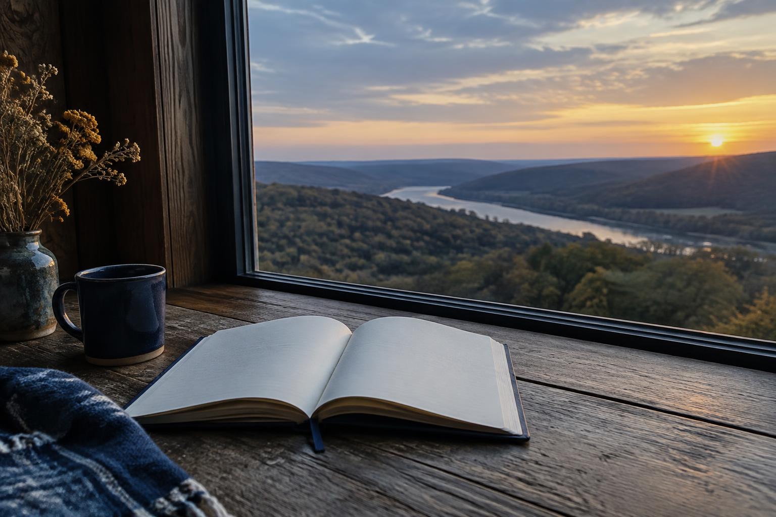 An open blank journal beside a window overlooking Missouri hills