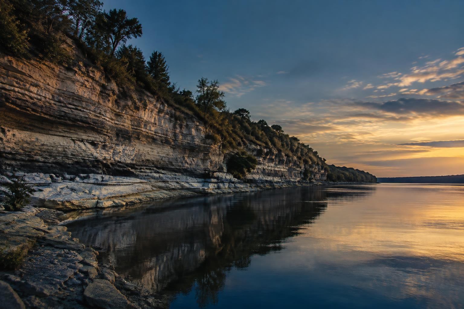Layered limestone beside a calm Missouri river