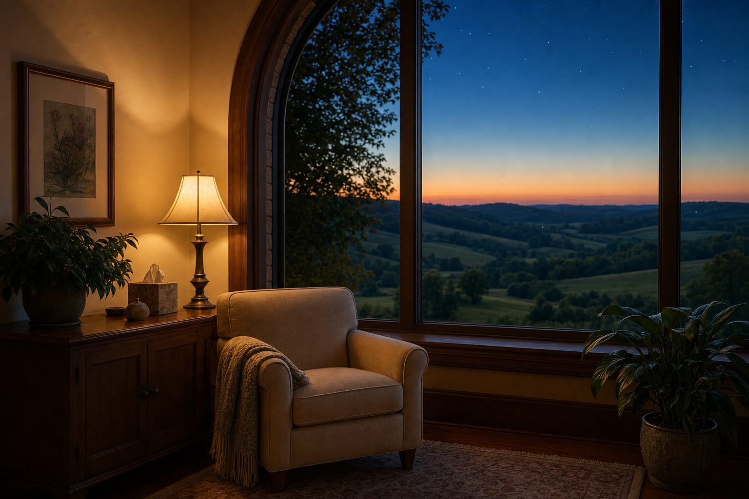 An armchair beside a tall window at home, overlooking rolling hills at dusk