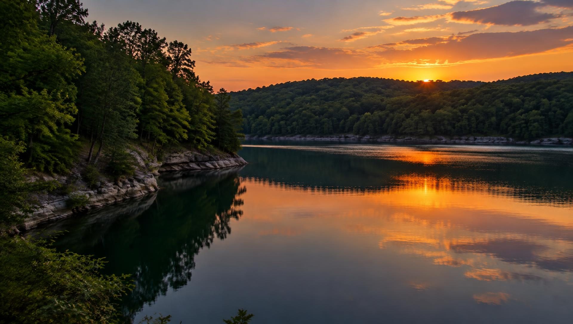 A sheltered cove on a quiet Missouri lake surrounded by trees at dusk